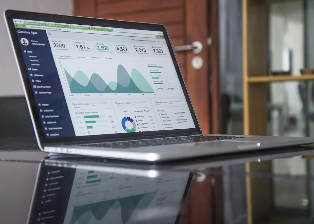Financial charts and reports on a laptop screen