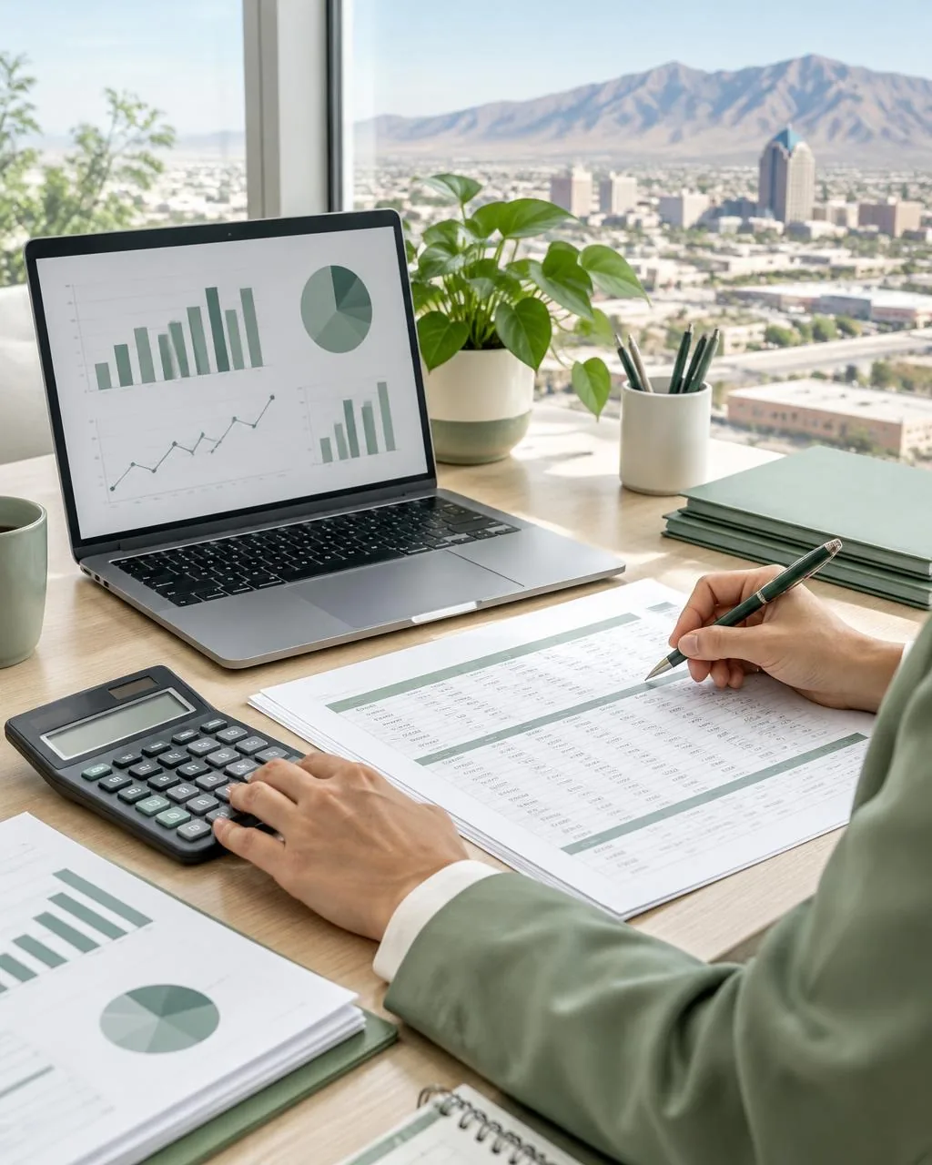 Organized bookkeeping workspace with financial reports and a calculator
